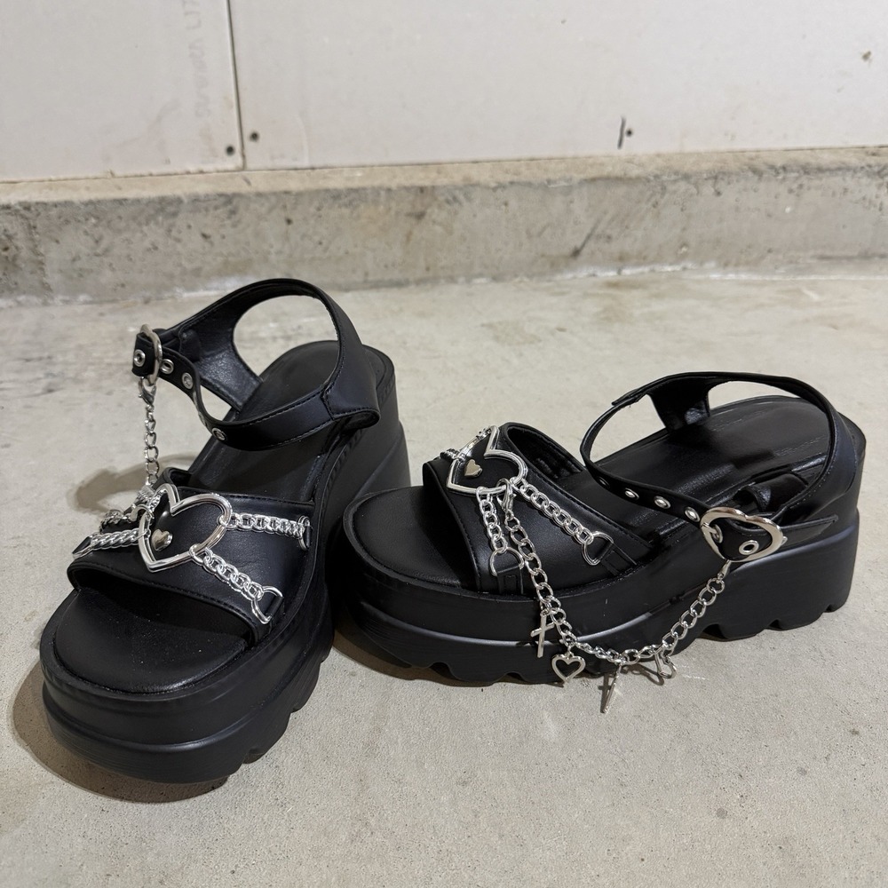 Black Chunky Platform Sandals Silver Heart Chain Charm Punk Goth Size 39